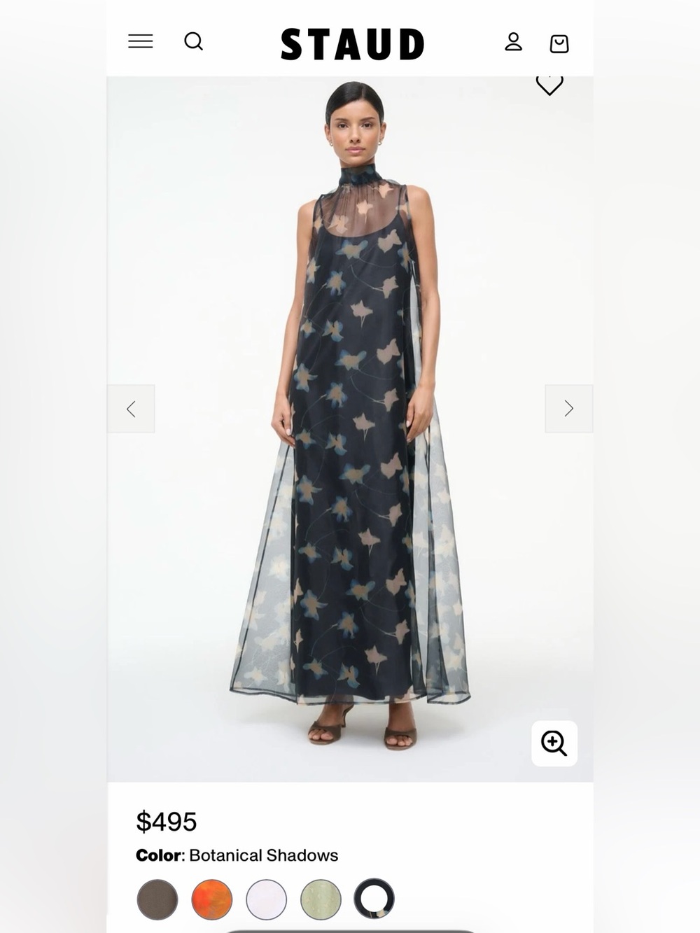 STAUD Black Sheer Maxi Dress with Cream and Blue Floral Accents